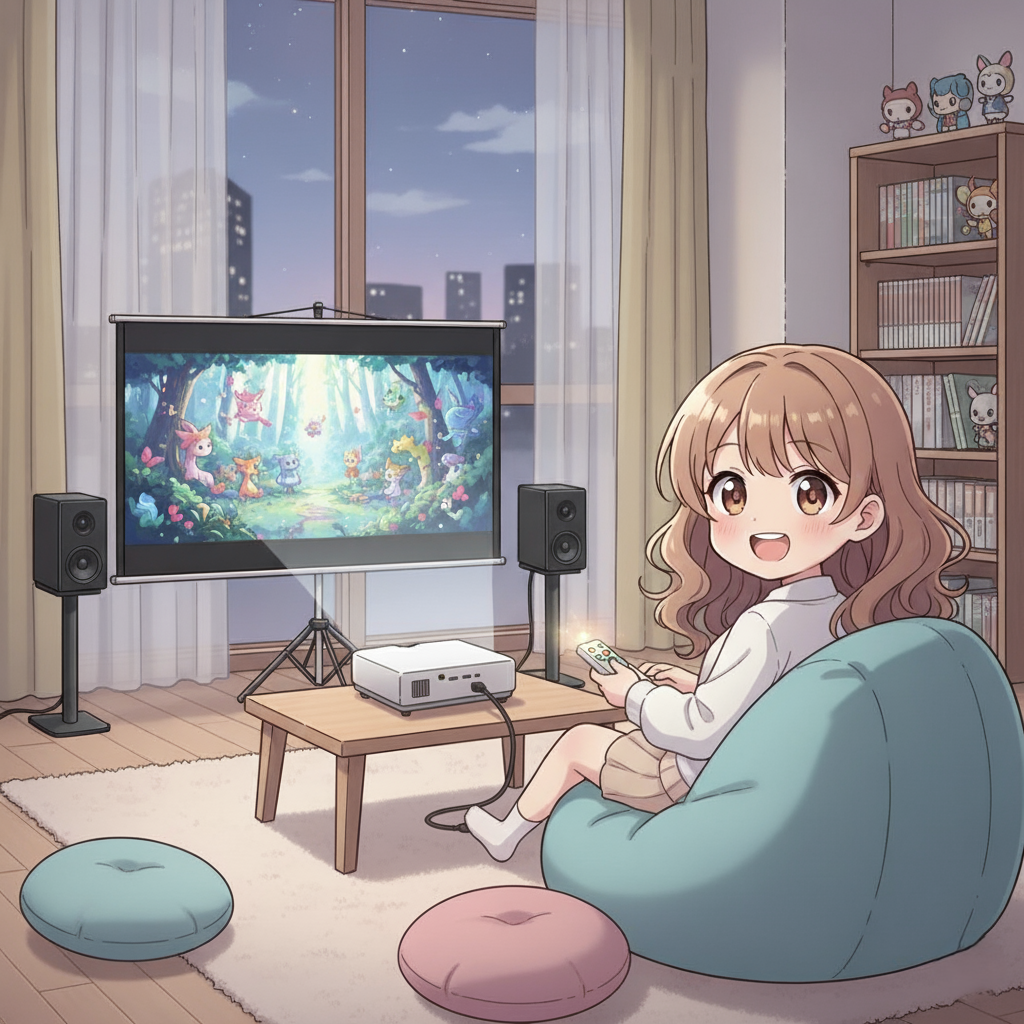 アンプ内蔵型スピーカーで音楽を楽しむかわいいキャラクター