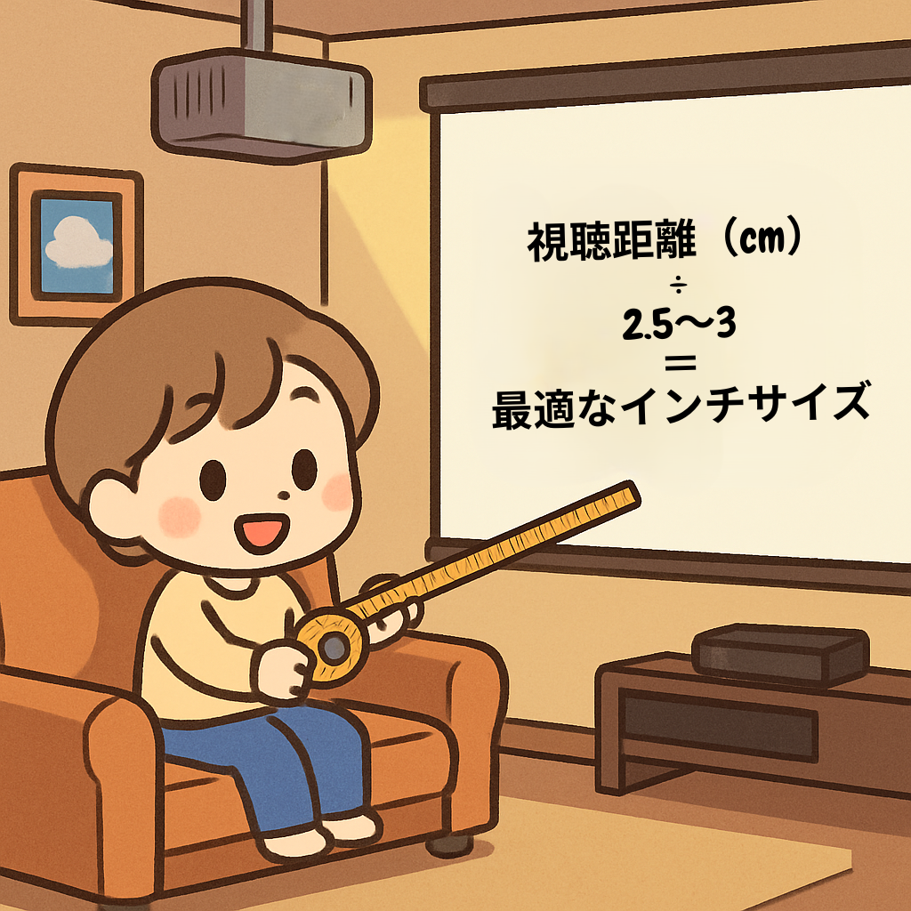 ソファからスクリーンまでの距離を測るかわいいアニメ風イラスト