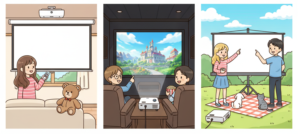 ロールスクリーン、固定フレームスクリーン、自立型スクリーンのアイコン風イラスト