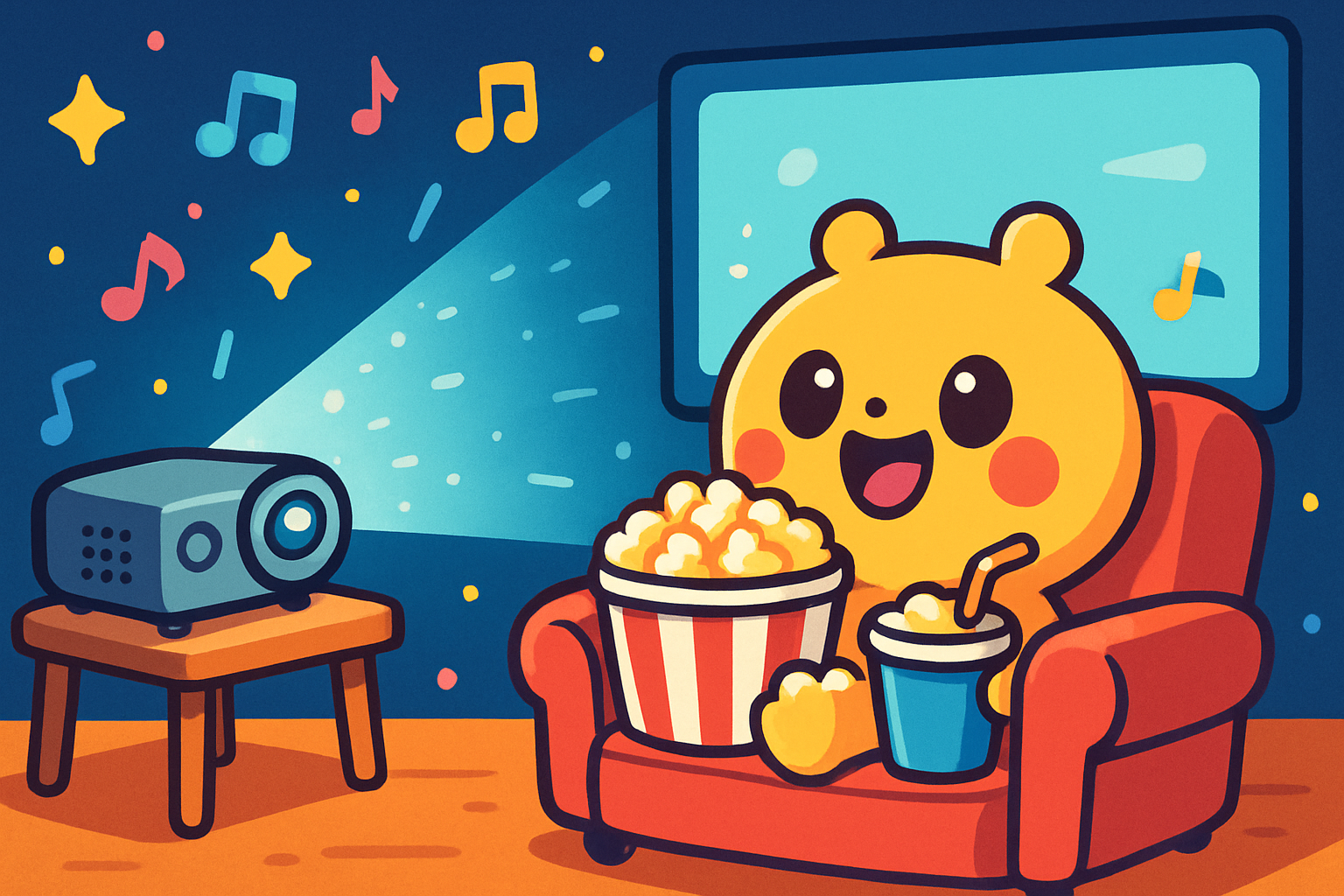 プロジェクターで映画を楽しむかわいいキャラクター